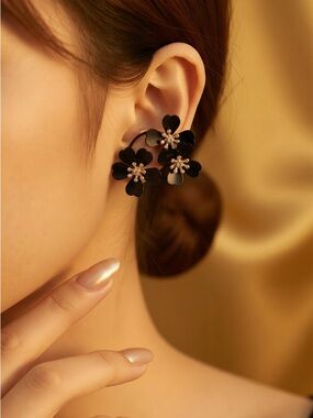 Black Floral Cluster Earrings with Gold Accents -